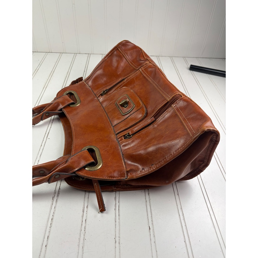 Vintage Y2K Cognac Brown Leather Multi-Pocket Shoulder Bag Satchel Purse - Picture 3 of 12